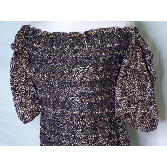 TOPSHOP Off Shoulder Puff Sleeve Leopard Print Smocked Mini Dress 8 NEW - Picture 7 of 10